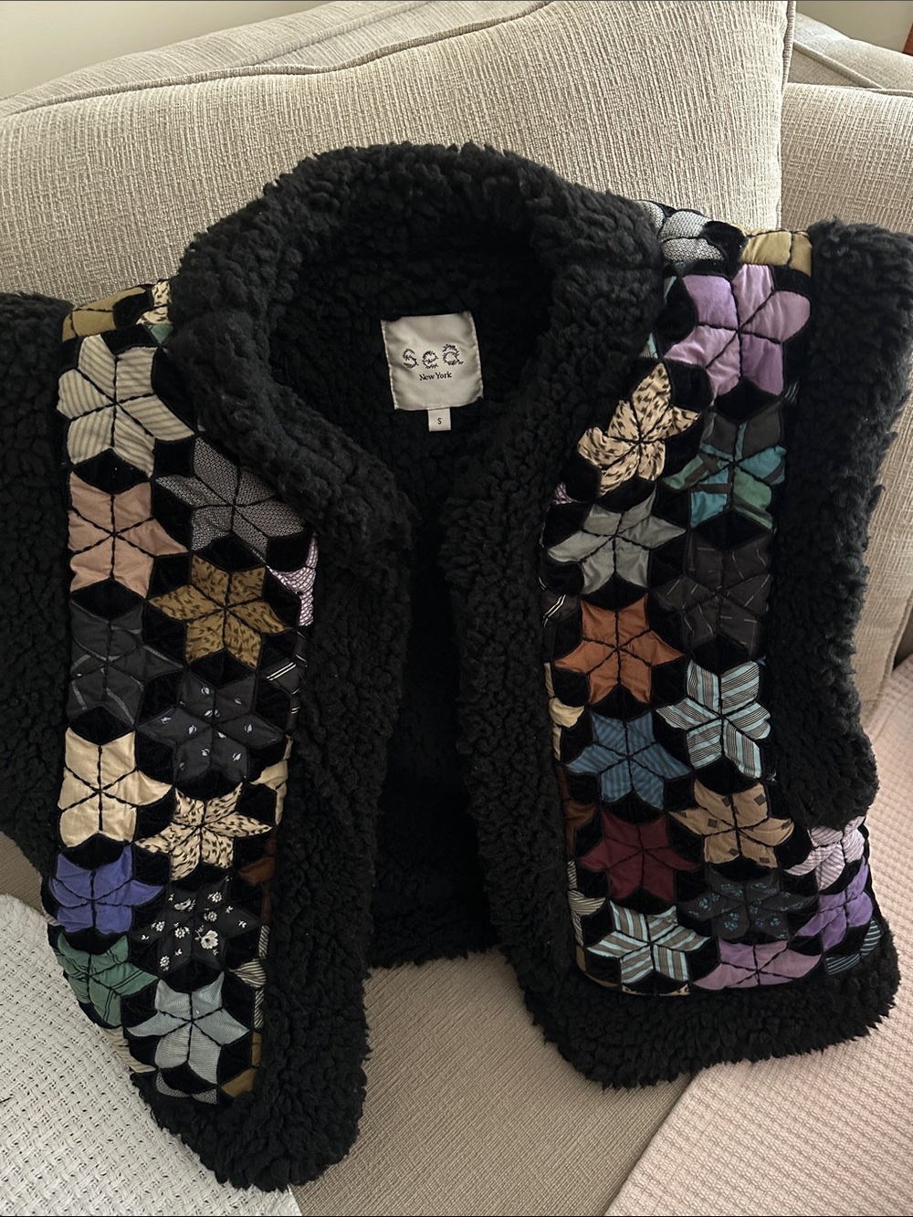 Sea New York Black Sherpa Vest with Multicolor Floral Patchwork S